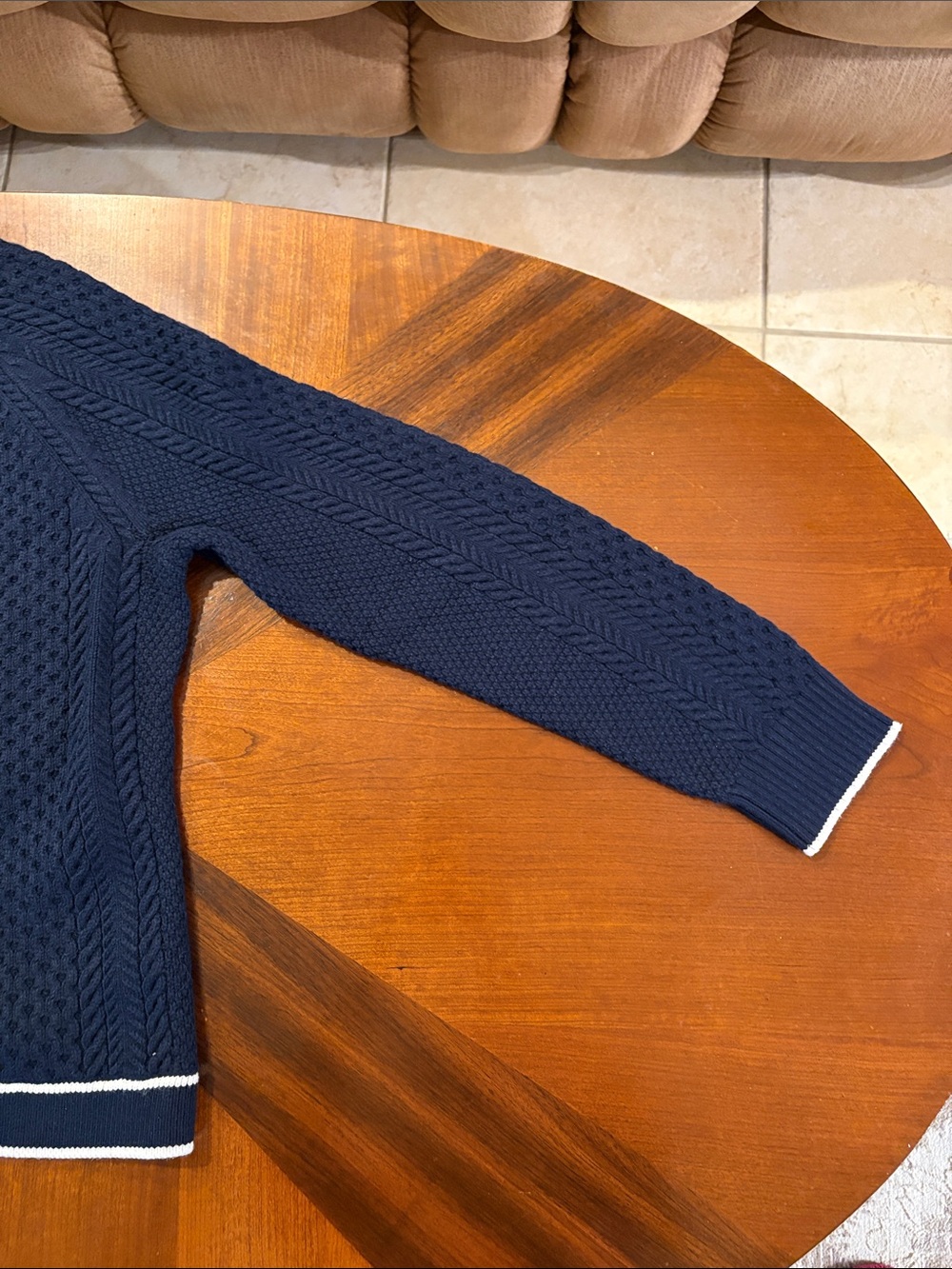 Talbots Women’s Navy Cable Knit Cutaway Cardigan with White Trim - Picture 5 of 9